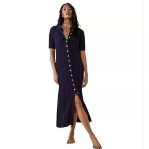Free People Beach Riding Waves Sweater Midi Button Down Knit Dress Navy Size M